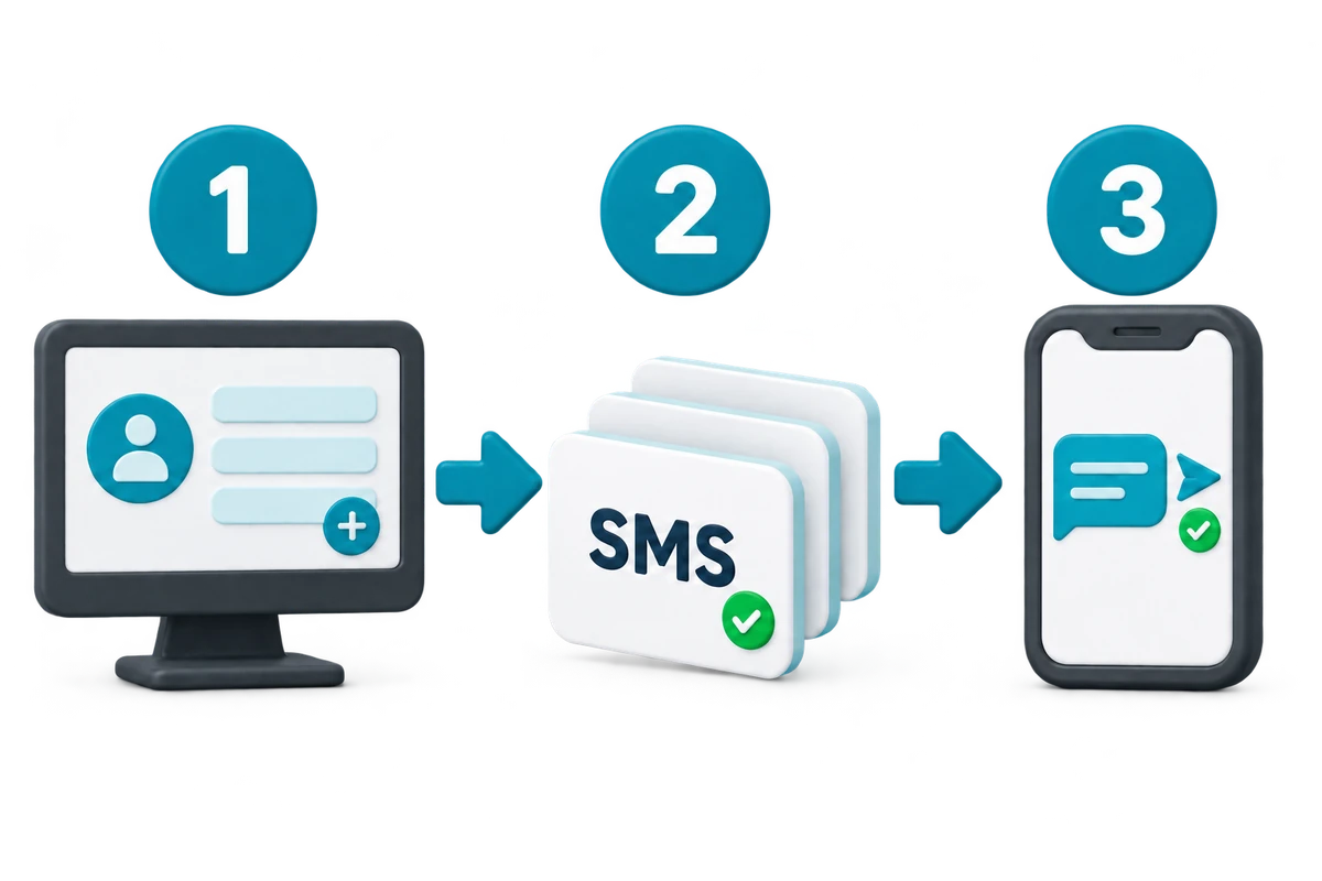 Drie stappen: account aanmaken, een SMS-staffel kiezen en berichten versturen